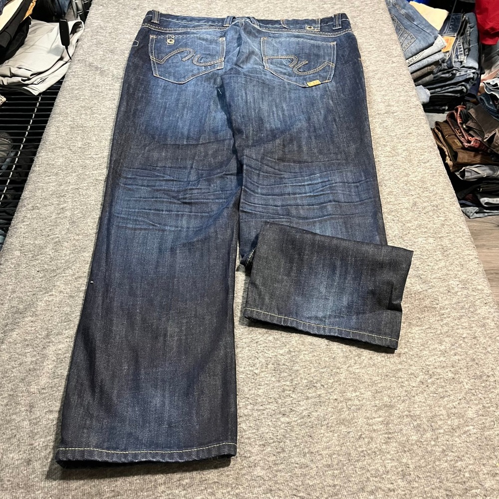 Marc Ecko Cut & Sew Mens 38x30 Slim Bootcut Jeans Dark Wash Embroidered Blue